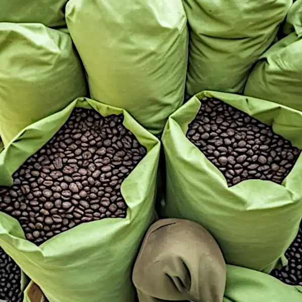 whole beans in sacks destined for a coffee machine