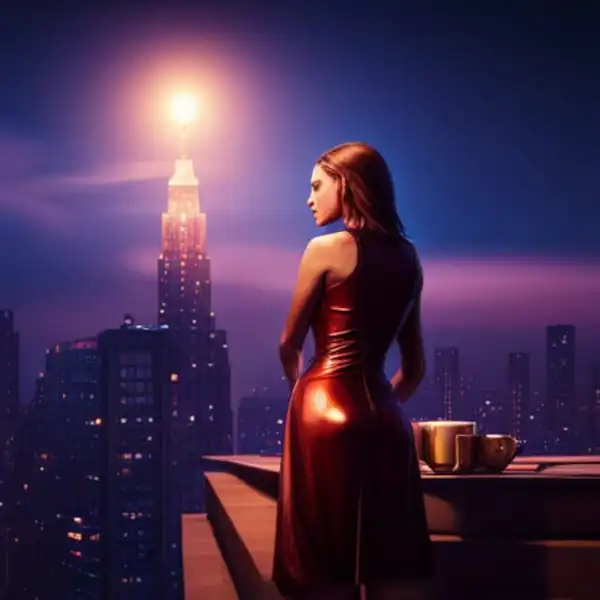 A woman thinking about artificial sweeteners looking over a city at night