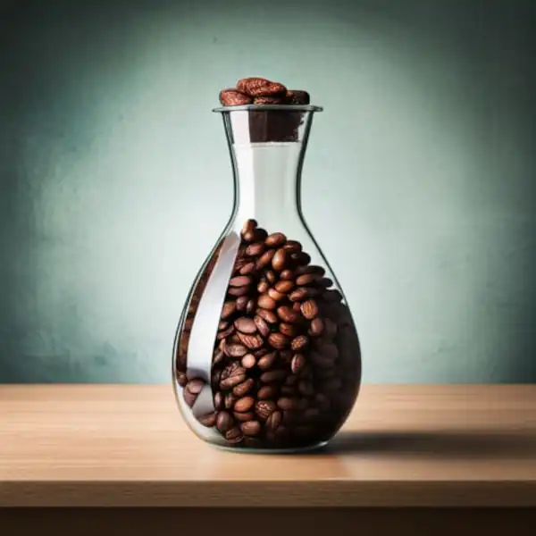 Decaffeinated coffee beans in a chemistry flask